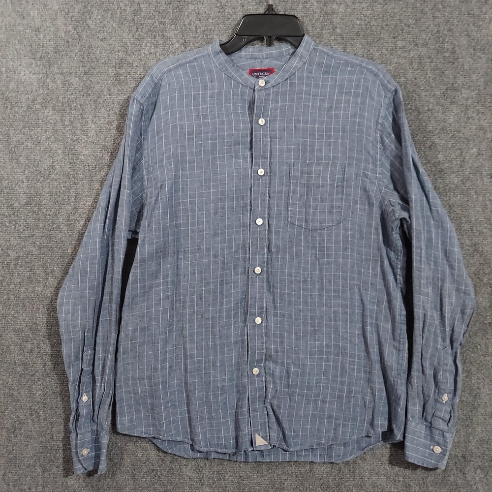 UNTUCKit Shirt Mens Large Blue Check Linen Long Sleeve Button Up Band Collar